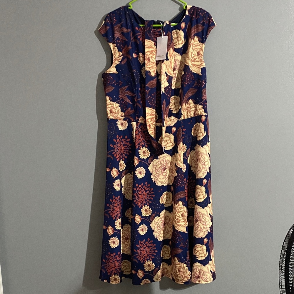 Navy and Beige Floral Midi Dress